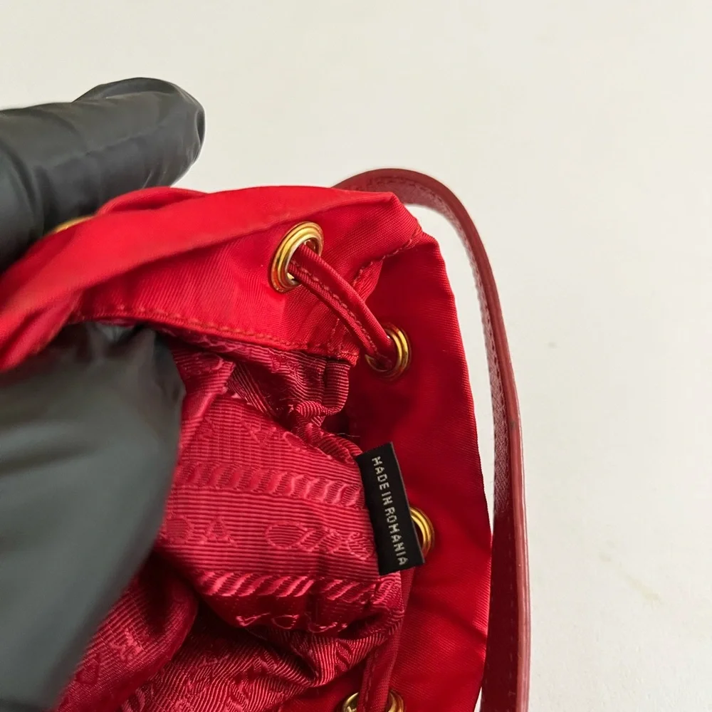 Prada Red Nylon Drawstring Crossbody Bucket Bag with Gold Hardware - Picture 7 of 16